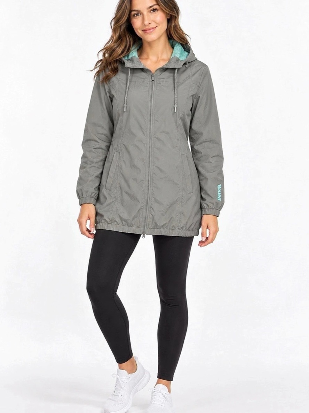 Bench Grey Teal Hooded Longline Windbreaker Jacket – Medium